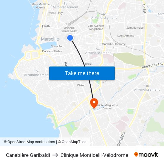 Canebière Garibaldi to Clinique Monticelli-Vélodrome map