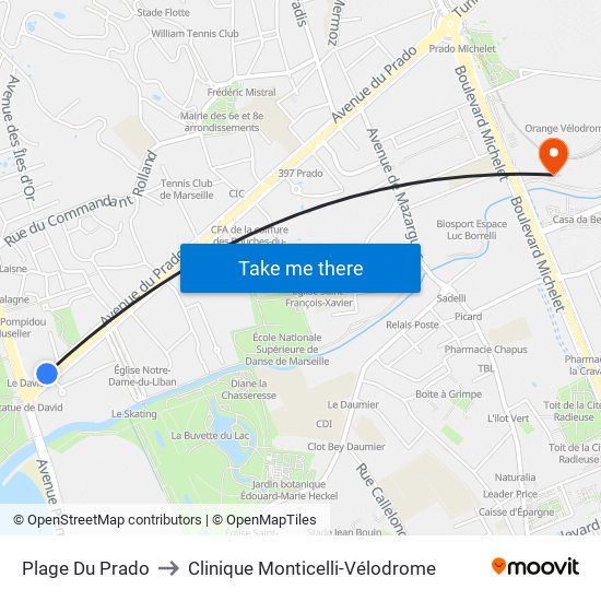 Plage Du Prado to Clinique Monticelli-Vélodrome map