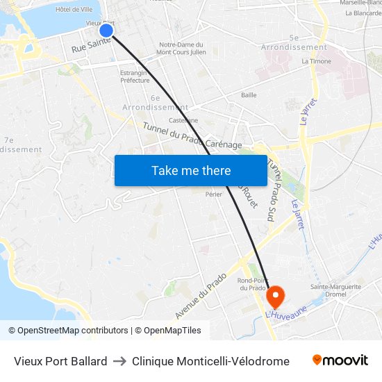 Vieux Port Ballard to Clinique Monticelli-Vélodrome map