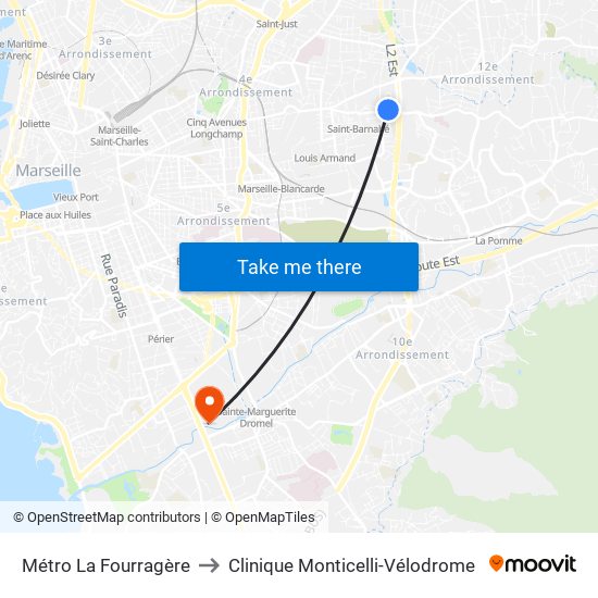 Métro La Fourragère to Clinique Monticelli-Vélodrome map