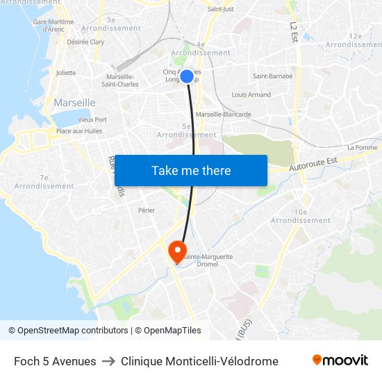 Foch 5 Avenues to Clinique Monticelli-Vélodrome map