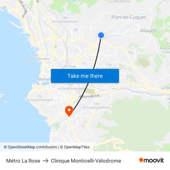 Métro La Rose to Clinique Monticelli-Vélodrome map