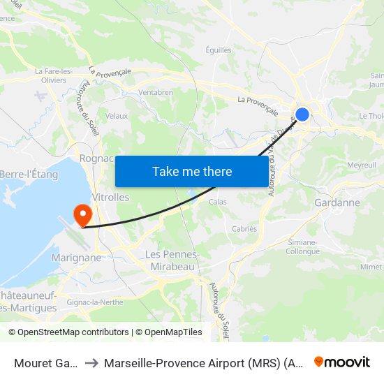 Mouret Gare Routière to Marseille-Provence Airport (MRS) (Aéroport de Marseille Provence) map