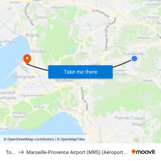 Toulon to Marseille-Provence Airport (MRS) (Aéroport de Marseille Provence) map