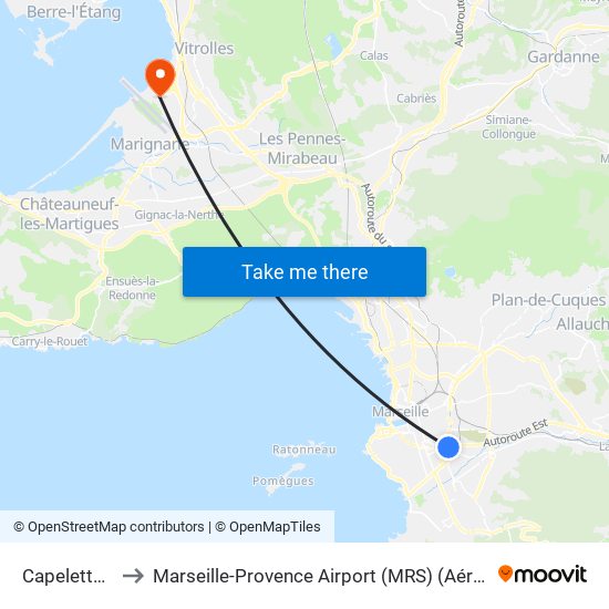 Capelette Rabatau to Marseille-Provence Airport (MRS) (Aéroport de Marseille Provence) map