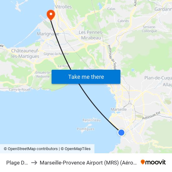 Plage Du Prado to Marseille-Provence Airport (MRS) (Aéroport de Marseille Provence) map