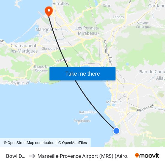 Bowl Du Prado to Marseille-Provence Airport (MRS) (Aéroport de Marseille Provence) map