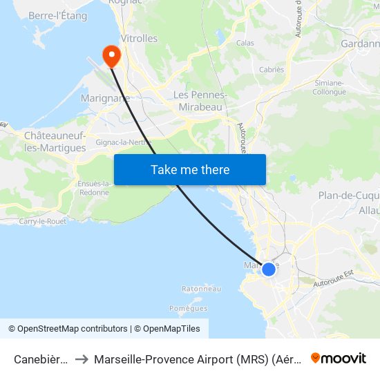 Canebière Bourse to Marseille-Provence Airport (MRS) (Aéroport de Marseille Provence) map