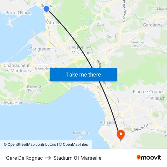Gare De Rognac to Stadium Of Marseille map