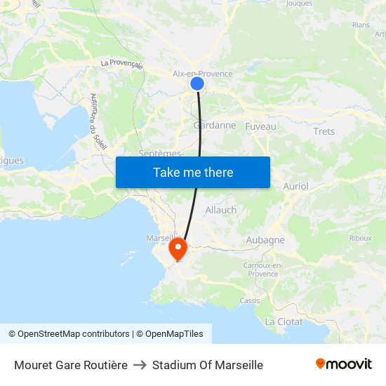 Mouret Gare Routière to Stadium Of Marseille map