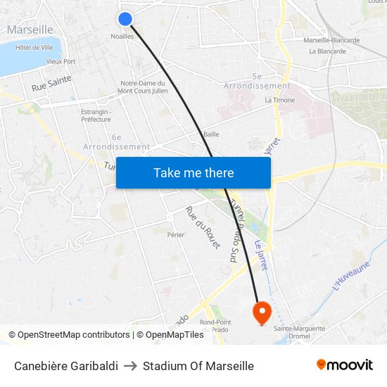 Canebière Garibaldi to Stadium Of Marseille map