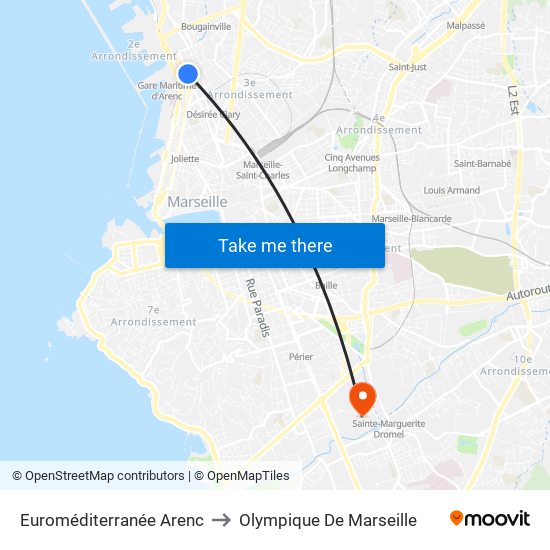Euroméditerranée Arenc to Olympique De Marseille map