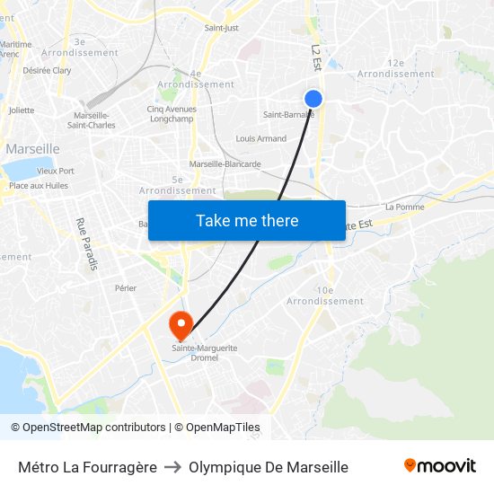 Métro La Fourragère to Olympique De Marseille map