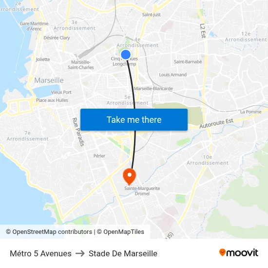 Métro 5 Avenues to Stade De Marseille map