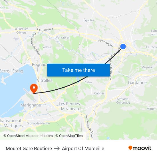 Mouret Gare Routière to Airport Of Marseille map