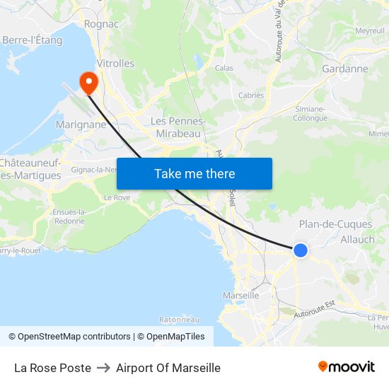 La Rose Poste to Airport Of Marseille map