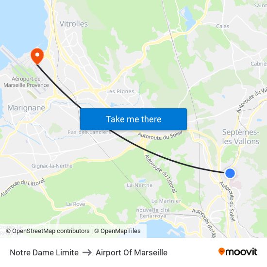 Notre Dame Limite to Airport Of Marseille map