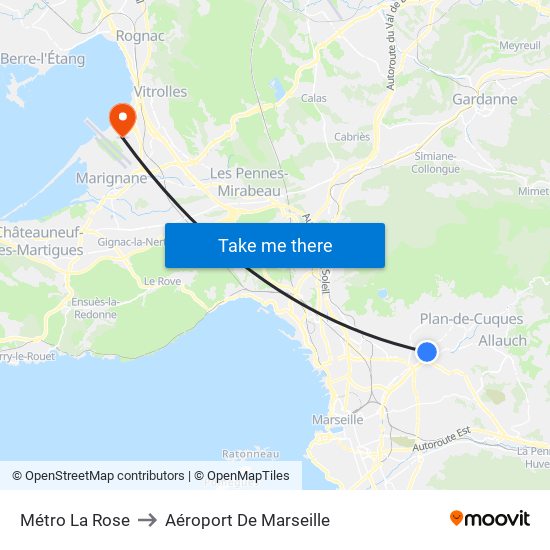 Métro La Rose to Aéroport De Marseille map