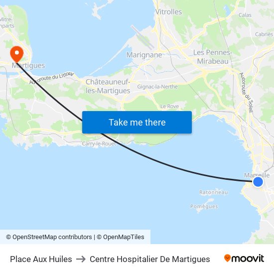 Place Aux Huiles to Centre Hospitalier De Martigues map