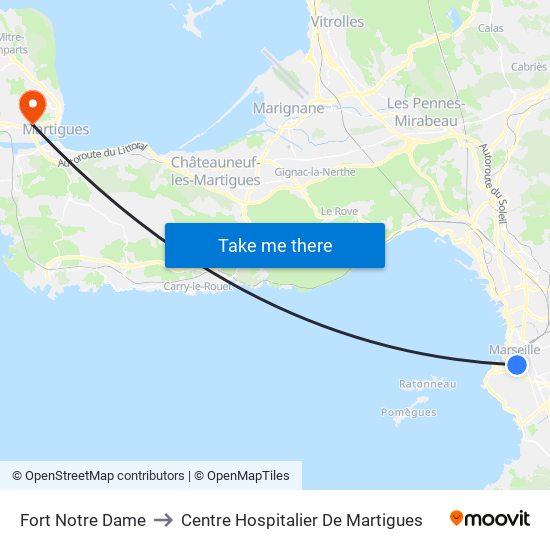 Fort Notre Dame to Centre Hospitalier De Martigues map