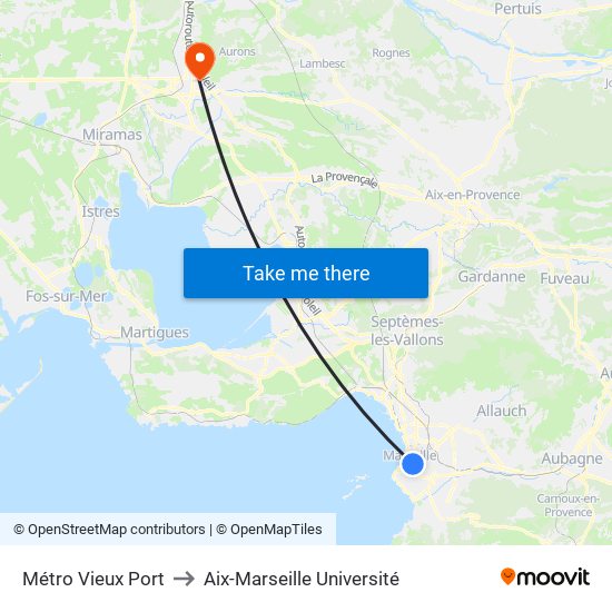 Métro Vieux Port to Aix-Marseille Université map