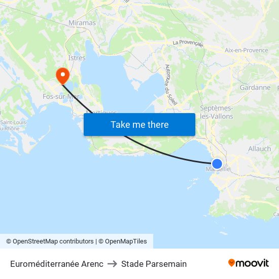 Euroméditerranée Arenc to Stade Parsemain map