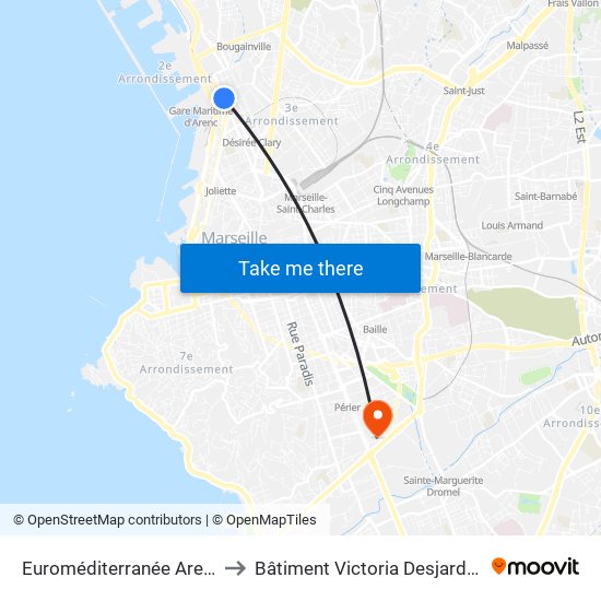 Euroméditerranée Arenc to Bâtiment Victoria Desjardins map