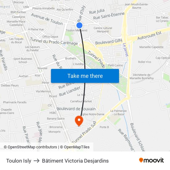 Toulon Isly to Bâtiment Victoria Desjardins map