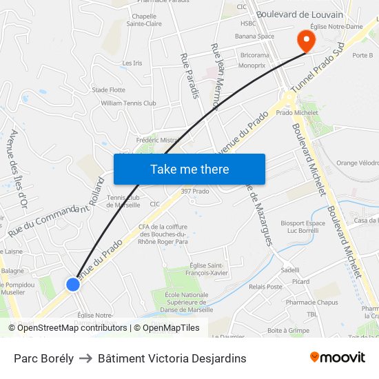 Parc Borély to Bâtiment Victoria Desjardins map