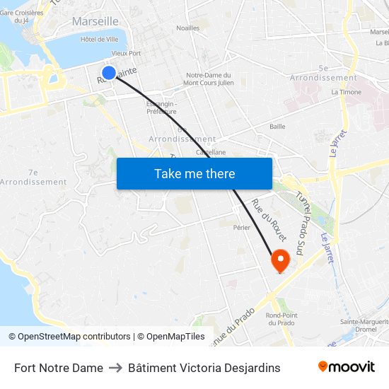 Fort Notre Dame to Bâtiment Victoria Desjardins map