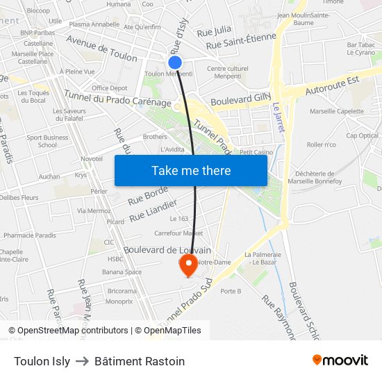 Toulon Isly to Bâtiment Rastoin map