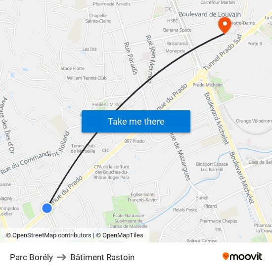Parc Borély to Bâtiment Rastoin map
