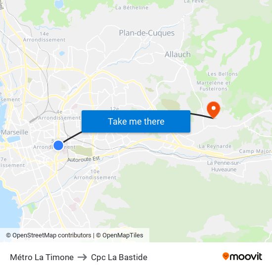 Métro La Timone to Cpc La Bastide map