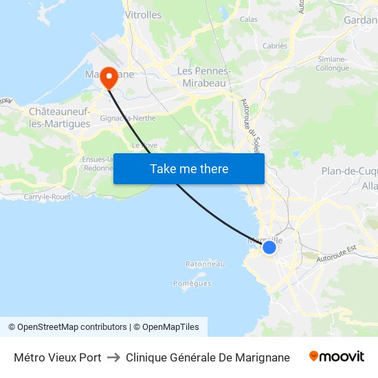 Métro Vieux Port to Clinique Générale De Marignane map