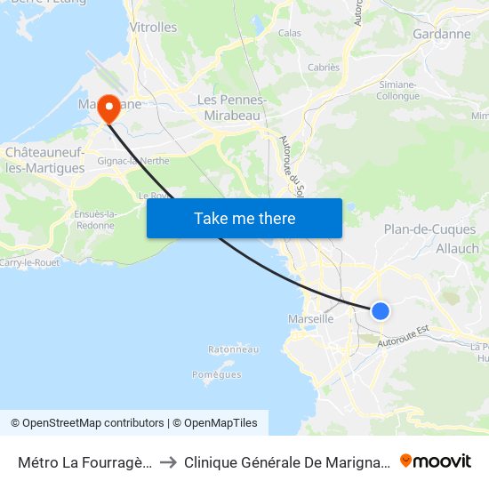 Métro La Fourragère to Clinique Générale De Marignane map