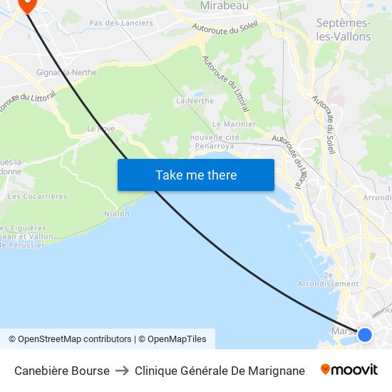 Canebière Bourse to Clinique Générale De Marignane map