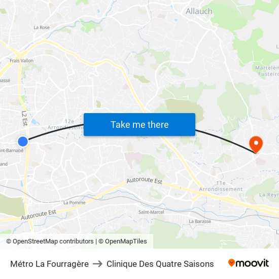 Métro La Fourragère to Clinique Des Quatre Saisons map