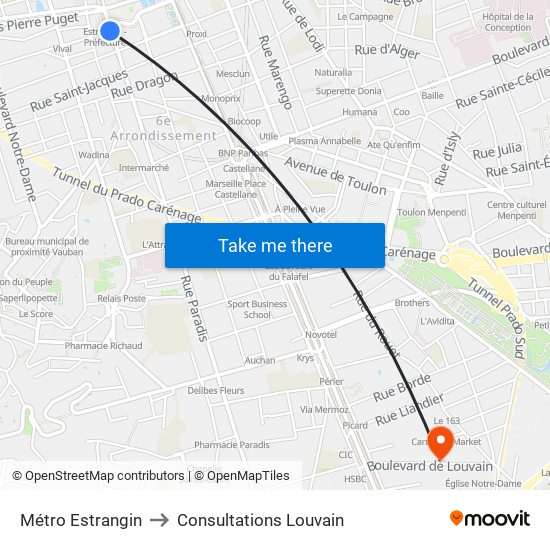 Métro Estrangin to Consultations Louvain map