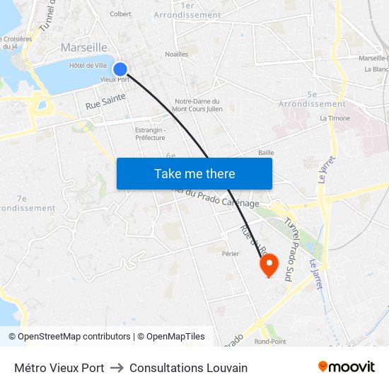 Métro Vieux Port to Consultations Louvain map