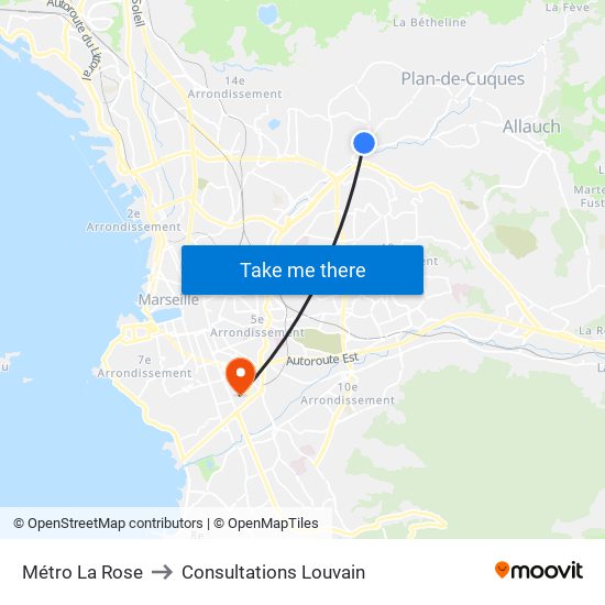 Métro La Rose to Consultations Louvain map