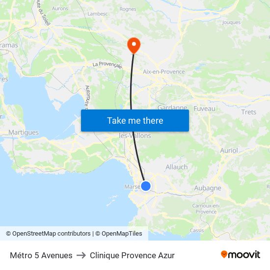 Métro 5 Avenues to Clinique Provence Azur map