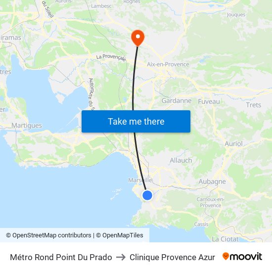 Métro Rond Point Du Prado to Clinique Provence Azur map