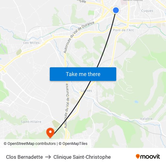 Clos Bernadette to Clinique Saint-Christophe map