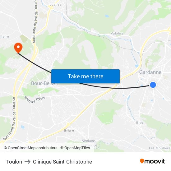 Toulon to Clinique Saint-Christophe map
