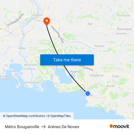Métro Bougainville to Arènes De Noves map