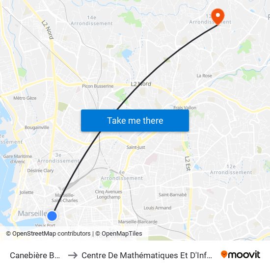 Canebière Bourse to Centre De Mathématiques Et D'Informatique map