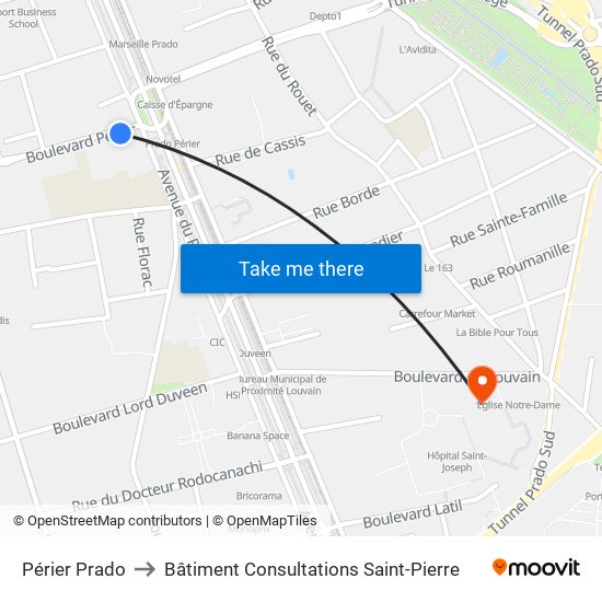 Périer Prado to Bâtiment Consultations Saint-Pierre map