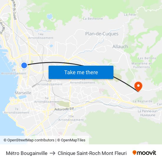 Métro Bougainville to Clinique Saint-Roch Mont Fleuri map