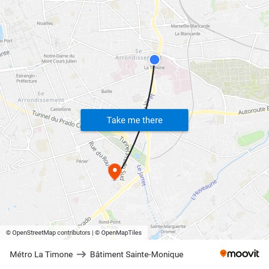 Métro La Timone to Bâtiment Sainte-Monique map
