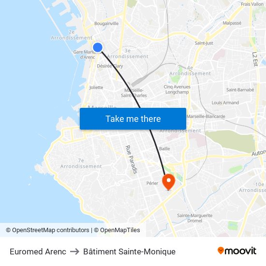 Euromed Arenc to Bâtiment Sainte-Monique map